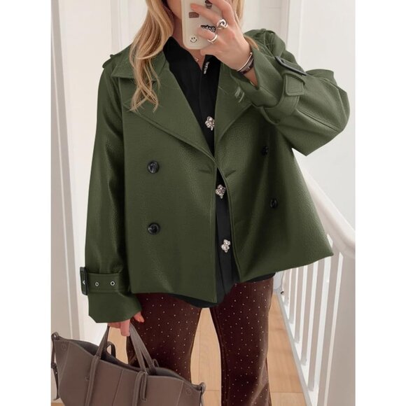 Womens Army Green Faux Leather Jacket | Button Down Moto Coat | Trendy Fall - Picture 5 of 6